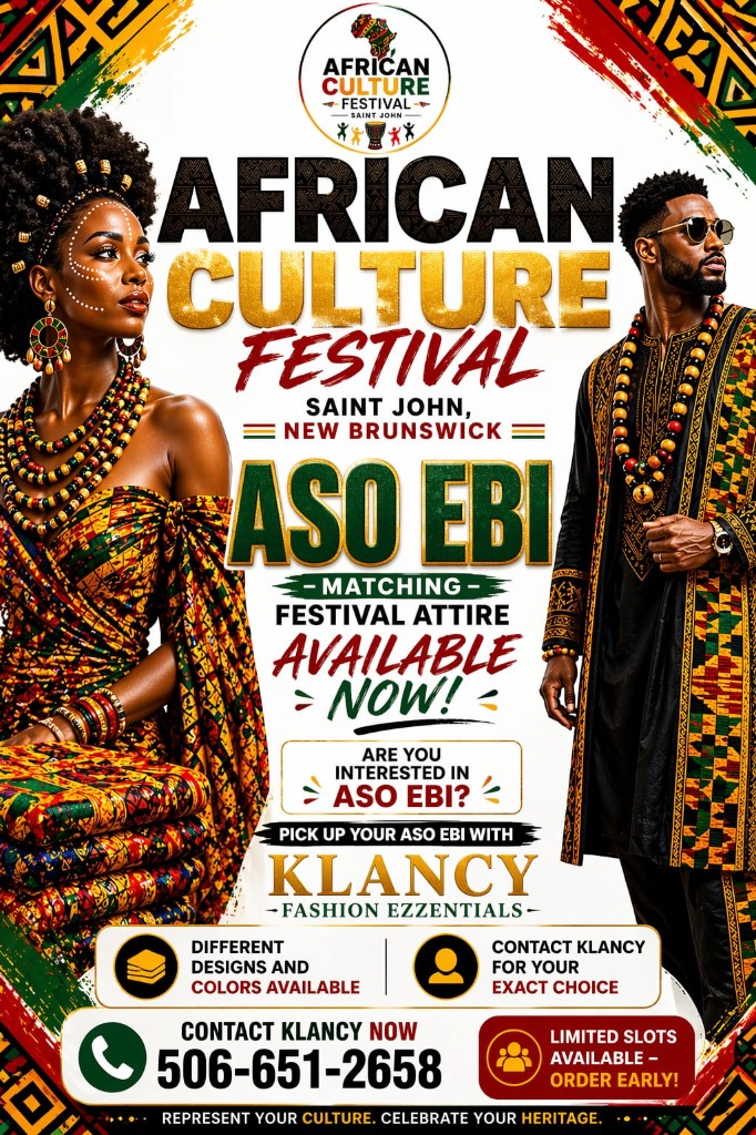 Cropped banner from the African Culture Festival Aso Ebi poster: matching festival attire, traditional fashion, partner Klancy Fashion Ezzentials 506-651-2658.